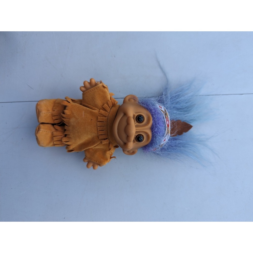 VTG Russ Native American Indian Blue Hair Troll Doll Headband Outfit 4"